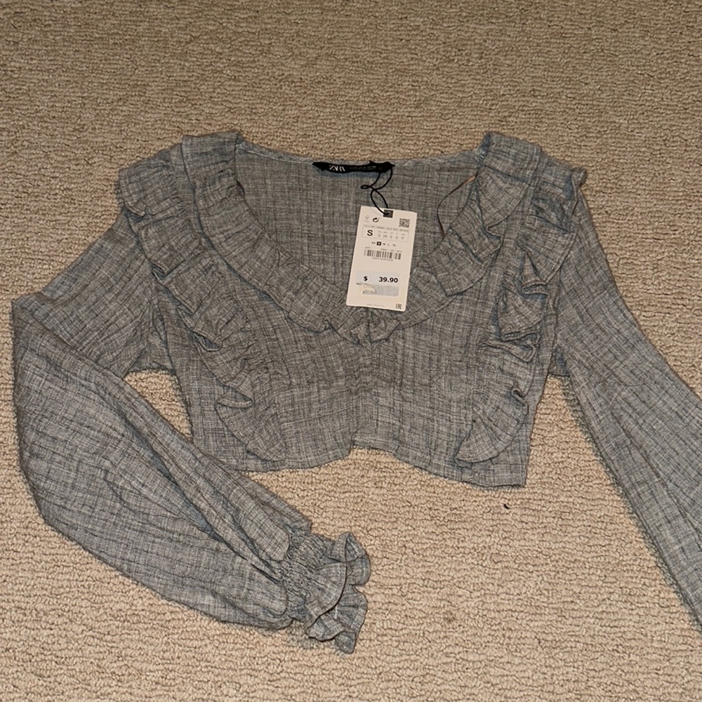 zara grey long sleeve crop ruffle top
